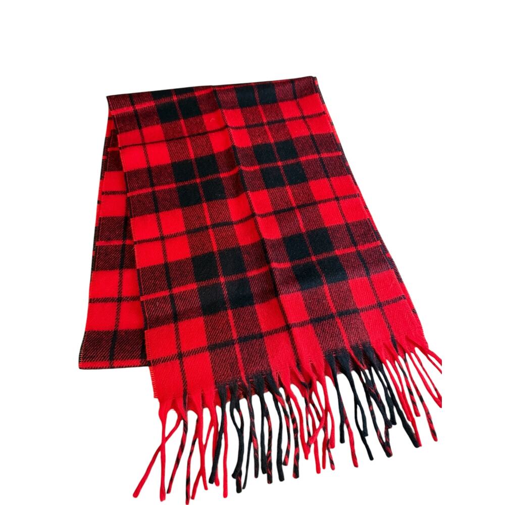 Vintage Christian Dior Buffalo Plaid Fringed Scarf Red Black